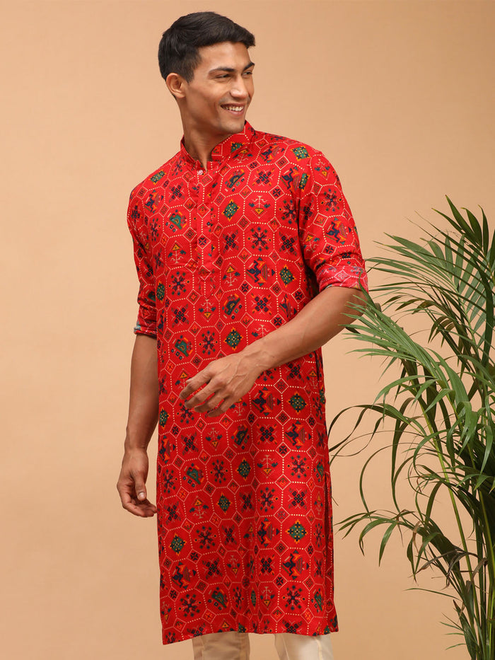 Men's Red Cotton Blend Patola Kurta