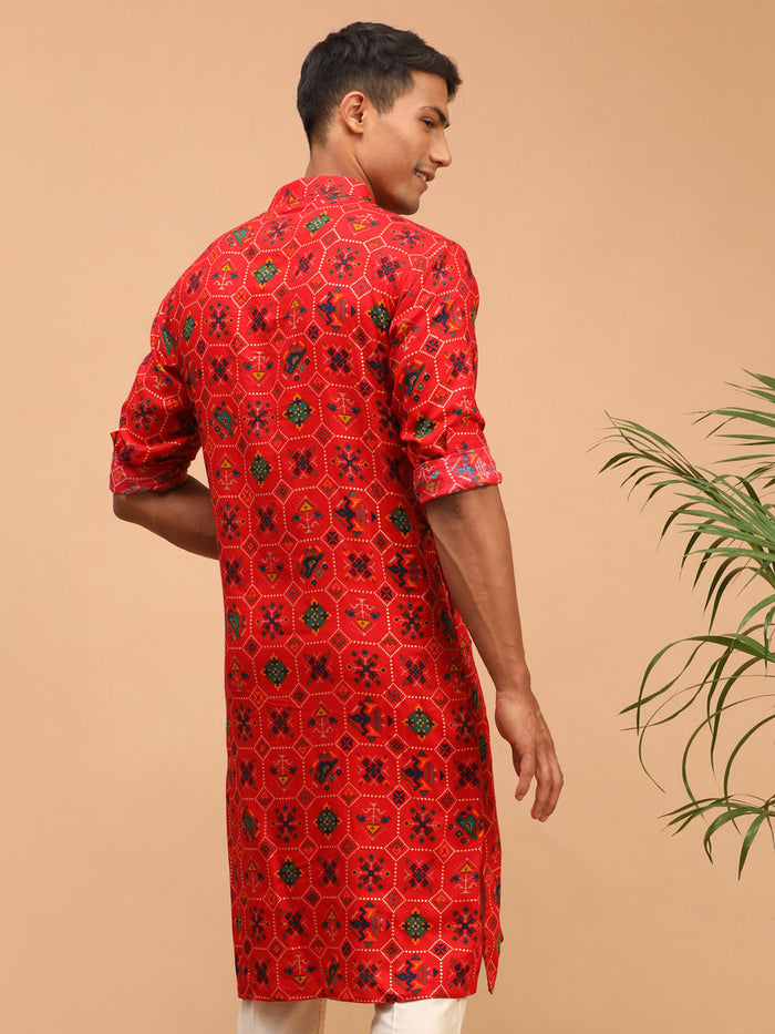 Men's Red Cotton Blend Patola Kurta