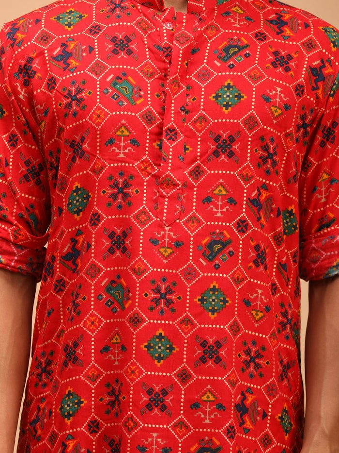 Men's Red Cotton Blend Patola Kurta