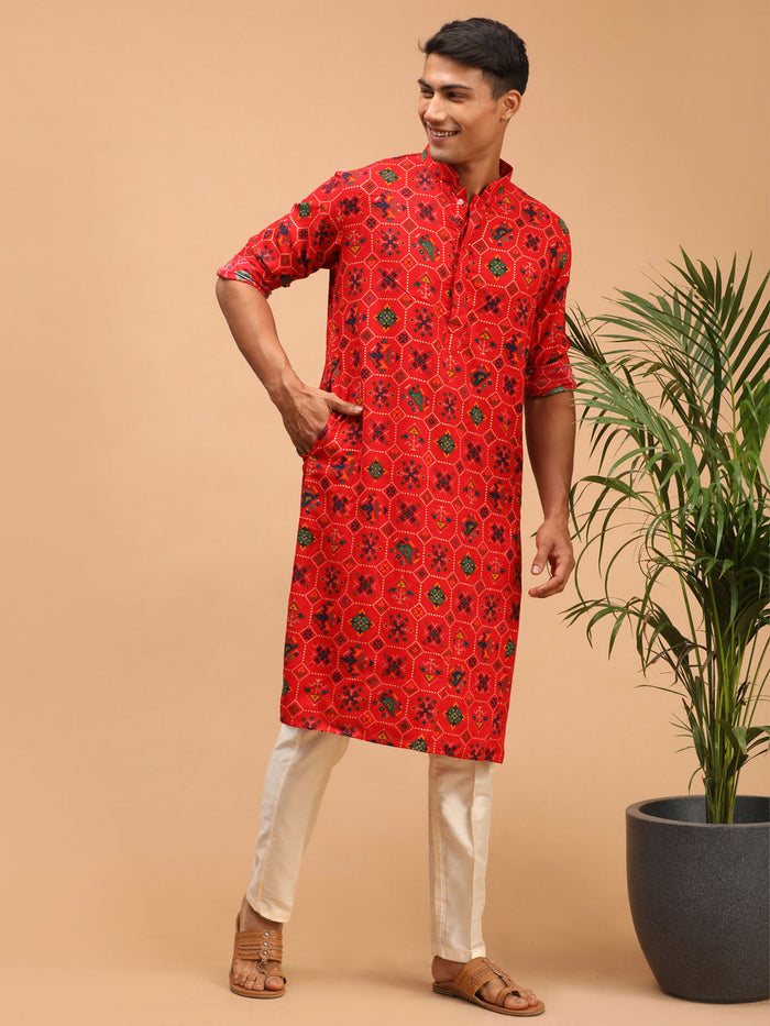 Men's Red Cotton Blend Patola Kurta