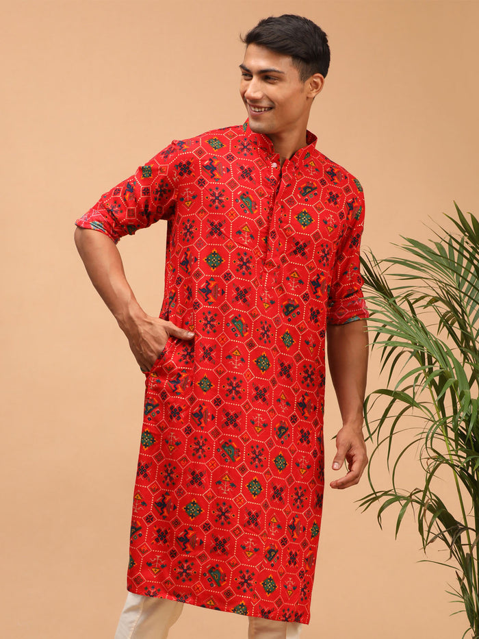 Men's Red Cotton Blend Patola Kurta