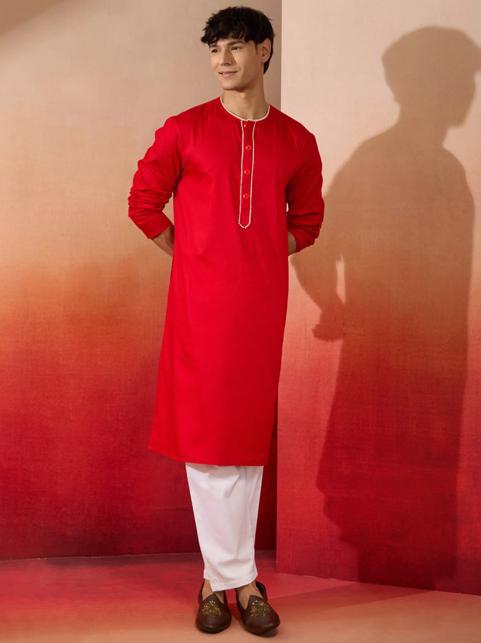 Mens Red Cotton Kurta White Pyjama Set