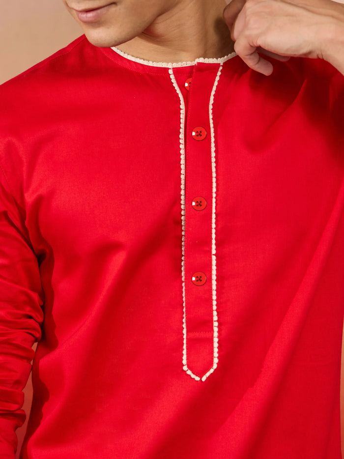 Mens Red Cotton Kurta White Pyjama Set