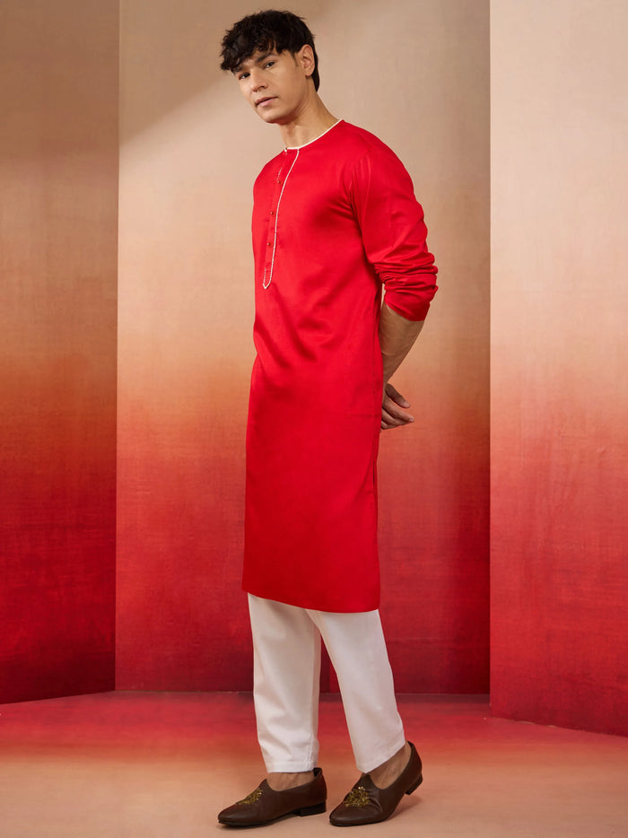 Mens Red Cotton Kurta White Pyjama Set
