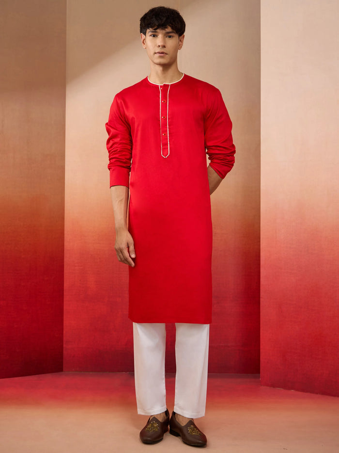 Mens Red Cotton Kurta White Pyjama Set