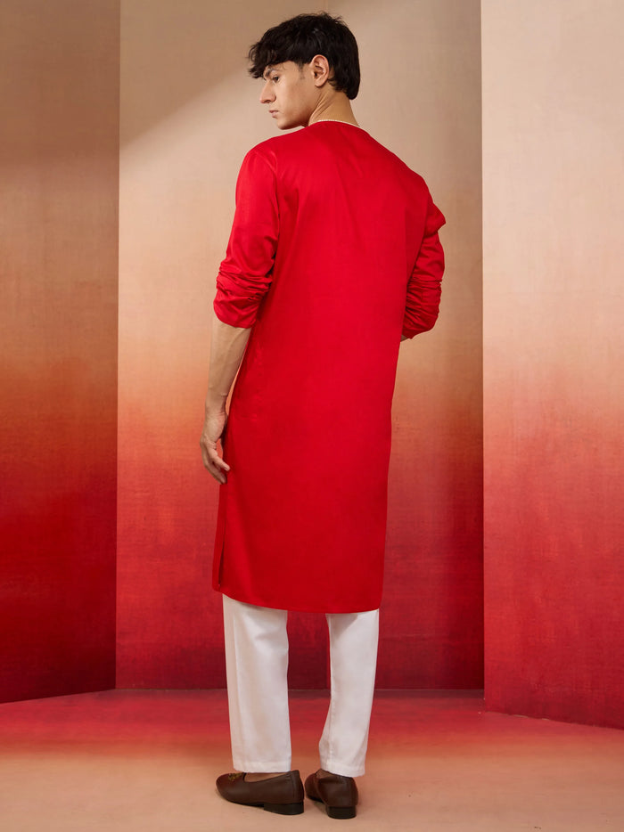 Mens Red Cotton Kurta White Pyjama Set
