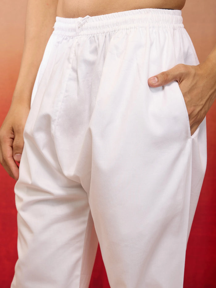 Mens Red Cotton Kurta White Pyjama Set