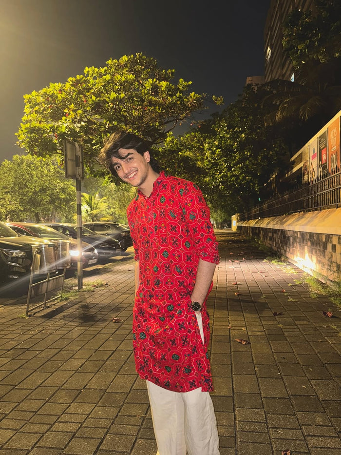 Men's Red & Cream Cotton Blend Patola Kurta & Pyjama Set