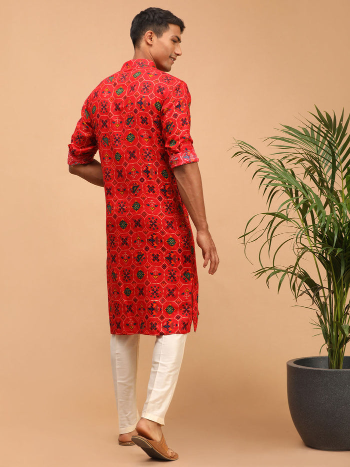 Men's Red & Cream Cotton Blend Patola Kurta & Pyjama Set