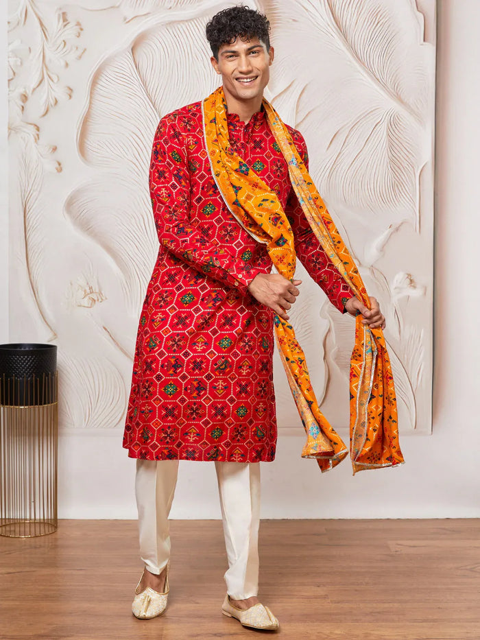 Men's Red Rayon Kurta,Pant And Dupatta Set