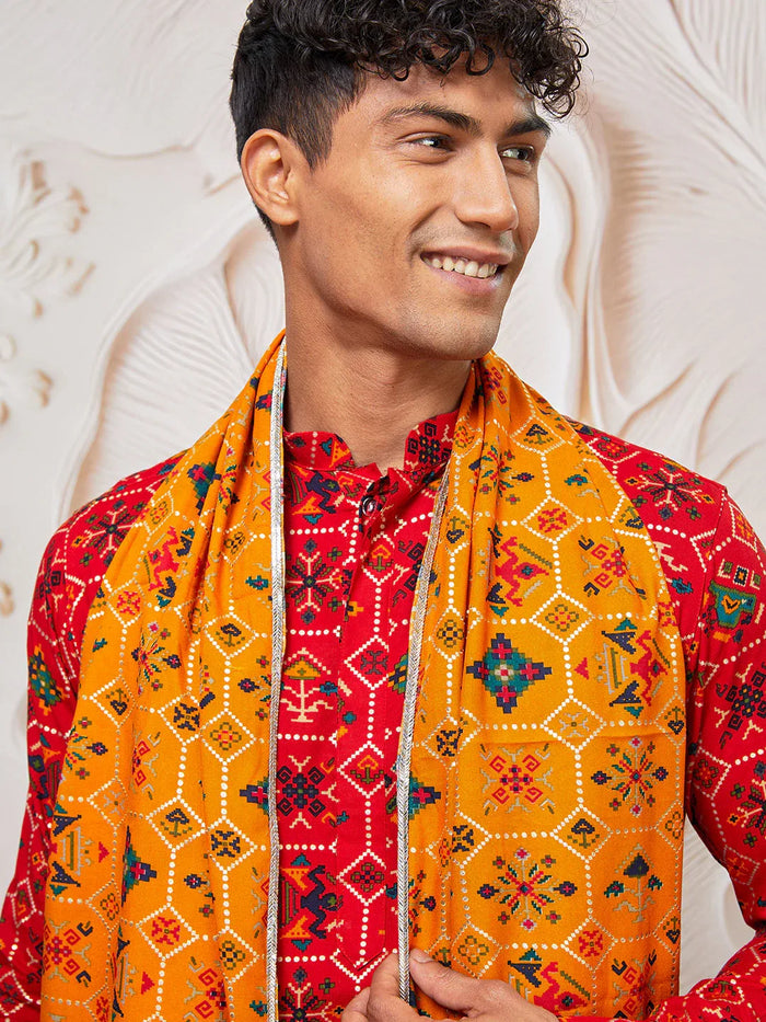 Men's Red Rayon Kurta,Pant And Dupatta Set