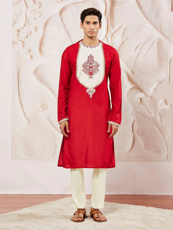 Men's Red Viscose Kurta Pyjama Set