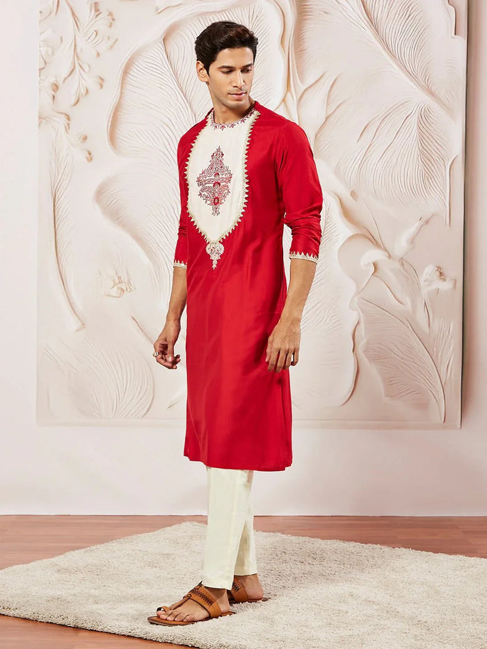 Men's Red Viscose Kurta Pyjama Set