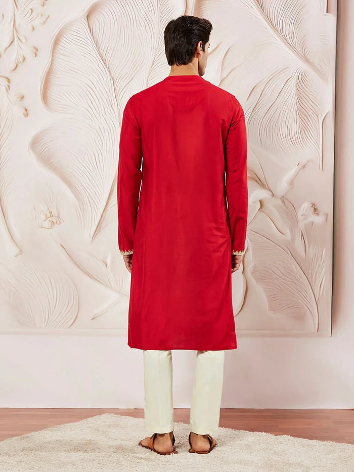 Men's Red Viscose Kurta Pyjama Set