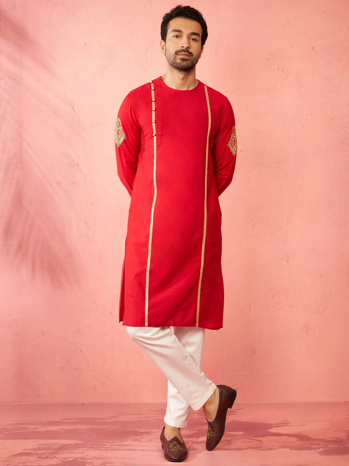Men's Red Zardozi Embroidered Viscose Kurta