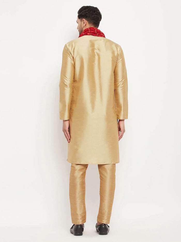 Men's Rose Gold And Maroon Silk Blend Kurta, Pyjama & Dupatta Set