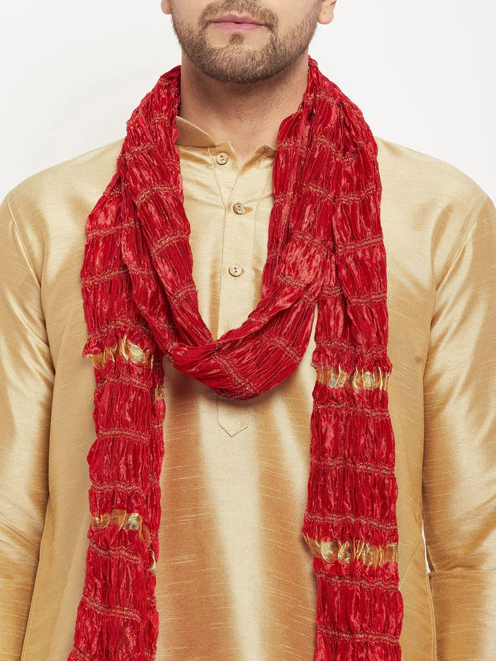 Men's Rose Gold And Maroon Silk Blend Kurta, Pyjama & Dupatta Set