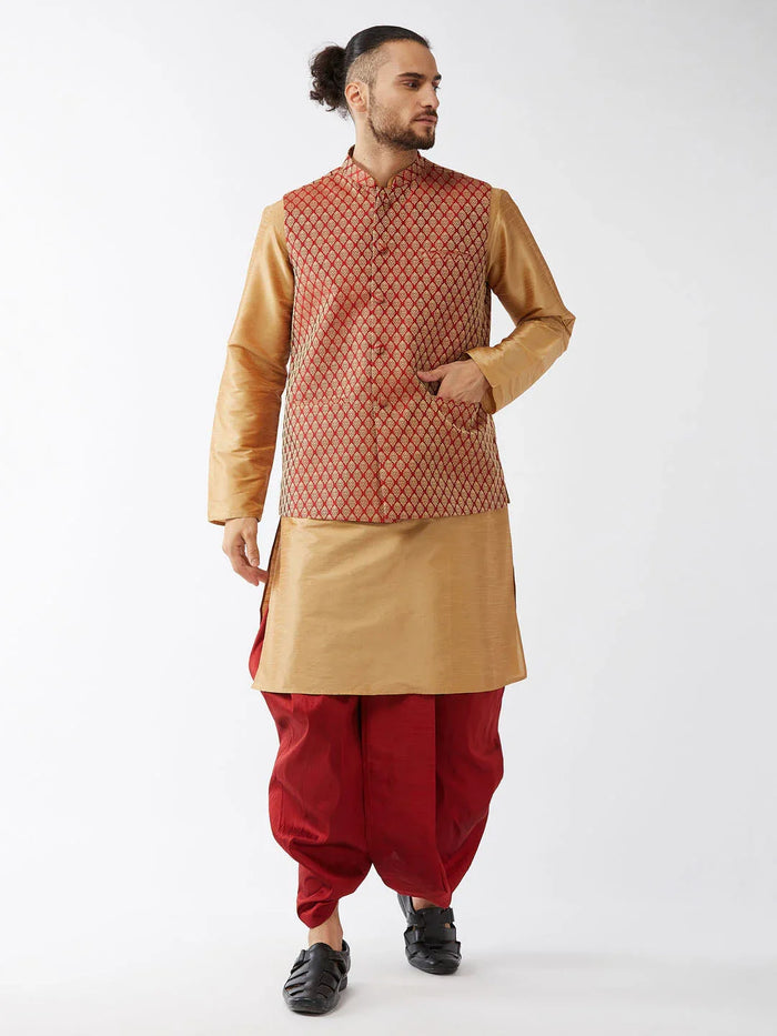 Men's Rose Gold Silk Blend Kurta And Dhoti With Maroon Woven Nehru Jacket