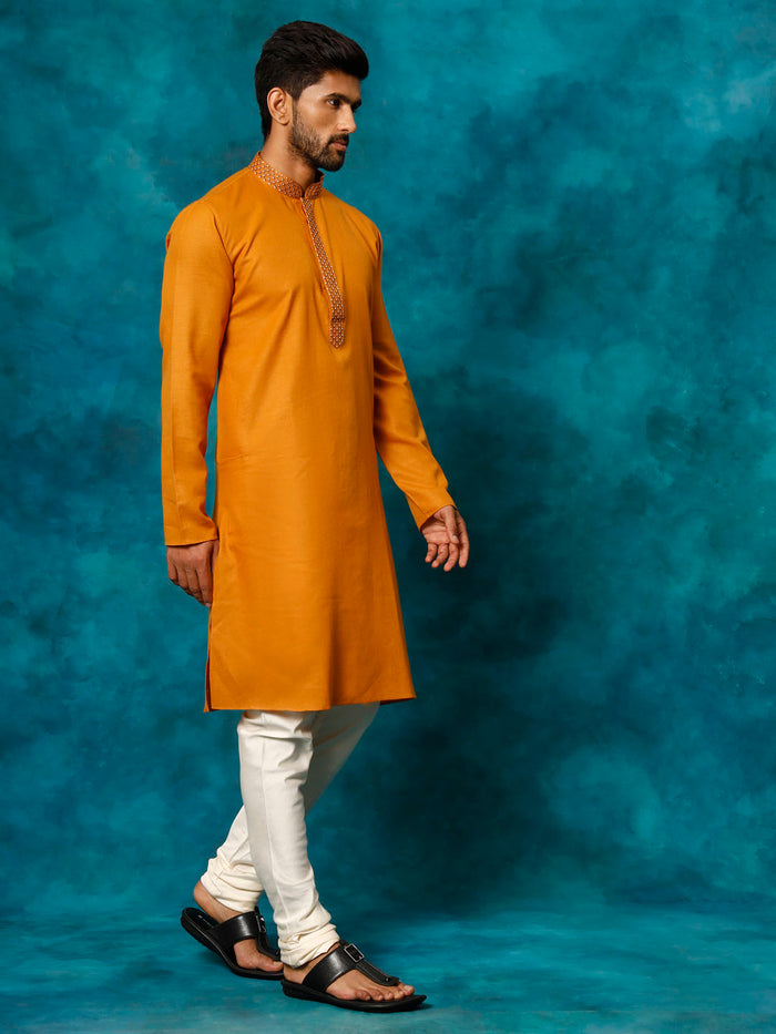 Men's Rust And Cream Cotton Blend Kurta Pyjama Set