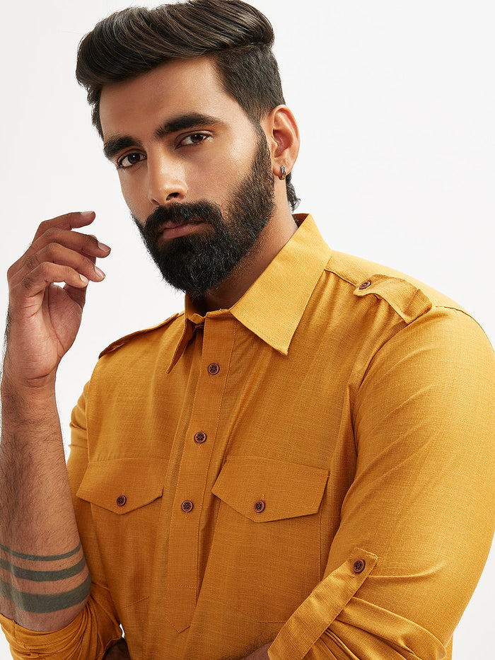 Men's Rust And Cream Cotton Blend Pathani Kurta Set