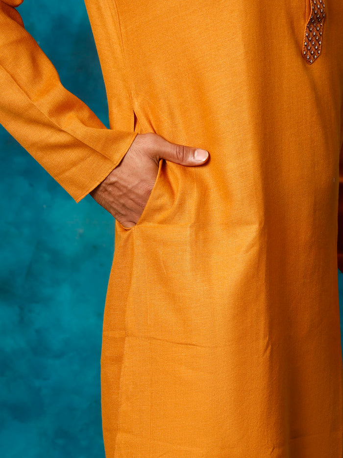 Men's Rust And White Cotton Blend Kurta Pyjama Set