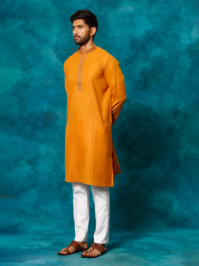 Men's Rust And White Cotton Blend Kurta Pyjama Set