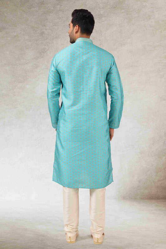 Men's Sky Blue Art Silk Printed Work Kurta Pajama Set
