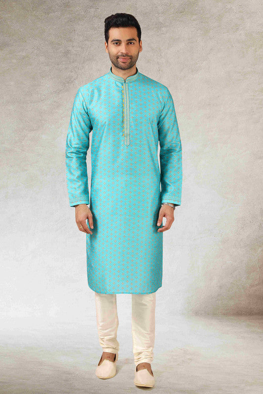 Men's Sky Blue Art Silk Printed Work Kurta Pajama Set