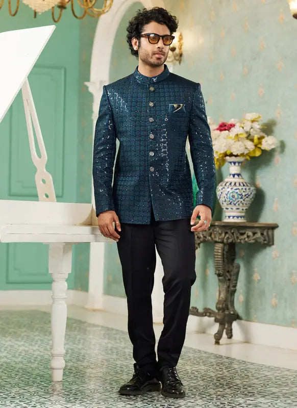 Men's Teal Green Art Silk Thread Work Jodhpuri Jacket