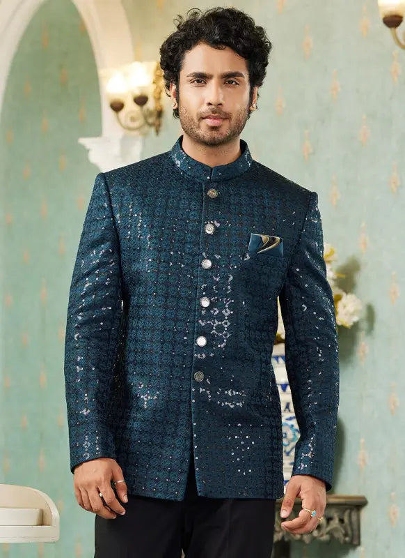 Men's Teal Green Art Silk Thread Work Jodhpuri Jacket