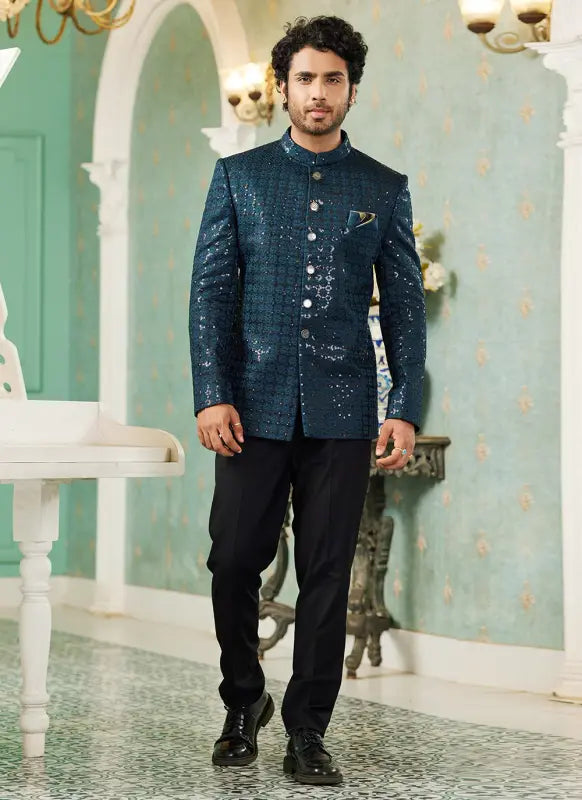 Men's Teal Green Art Silk Thread Work Jodhpuri Jacket