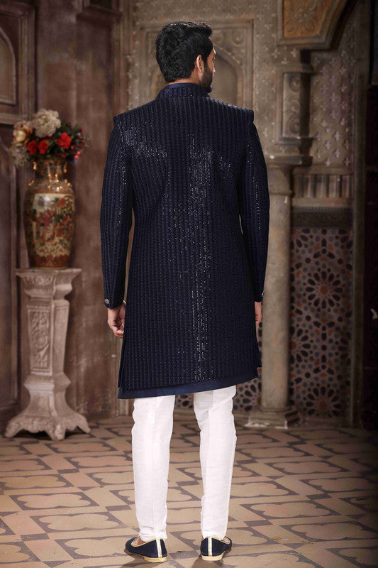 Men's Velvet And Art Silk Embroidery Work 3 Pcs Indo Jacket Set In Blue Colour