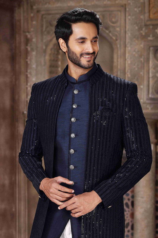 Men's Velvet And Art Silk Embroidery Work 3 Pcs Indo Jacket Set In Blue Colour