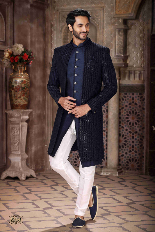 Men's Velvet And Art Silk Embroidery Work 3 Pcs Indo Jacket Set In Blue Colour