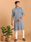 Men's White And Blue Striped Cotton Kurta With White Pant Set