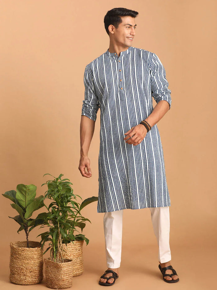 Men's White And Blue Striped Cotton Kurta With White Pant Set