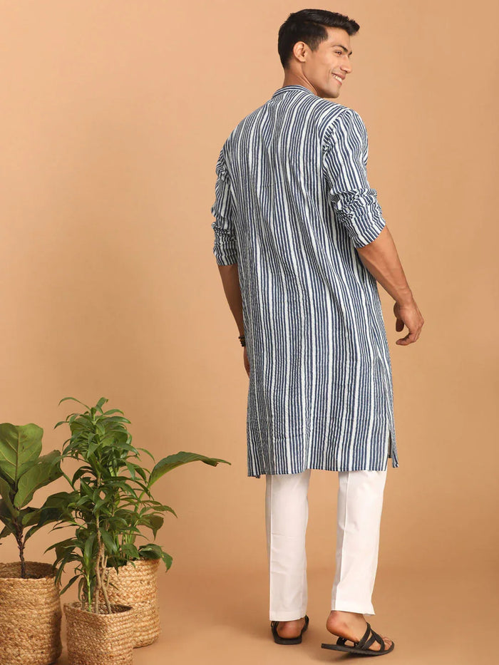 Men's White And Blue Striped Cotton Kurta With White Pant Set