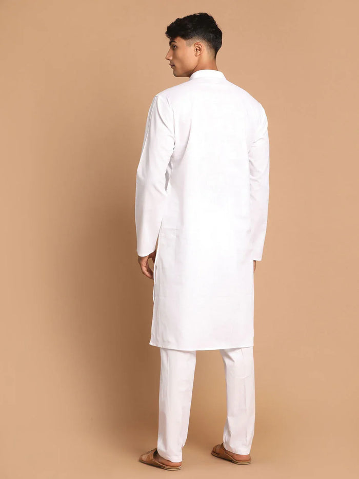 Men's White Cotton Kurta With White Cotton Pant Style Pyjama Set