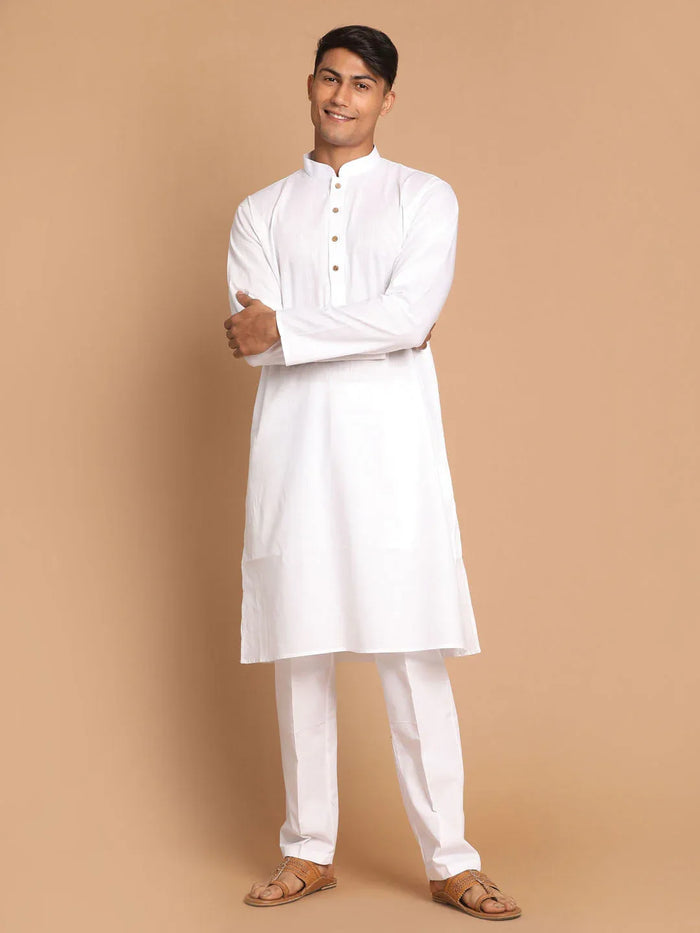 Men's White Cotton Kurta With White Cotton Pant Style Pyjama Set