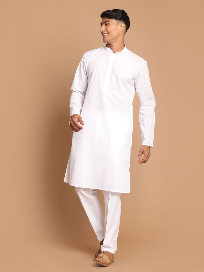 Men's White Kurta And Pajama Set With Islamic Prayer Cap