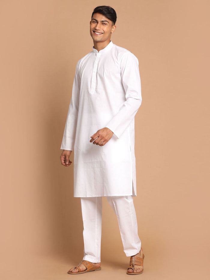 Men's White Kurta And Pajama Set With Islamic Prayer Cap