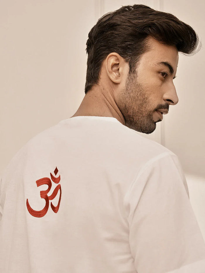 Men's White Om Embroidered Premium Yoga Kurta Palazzo Set