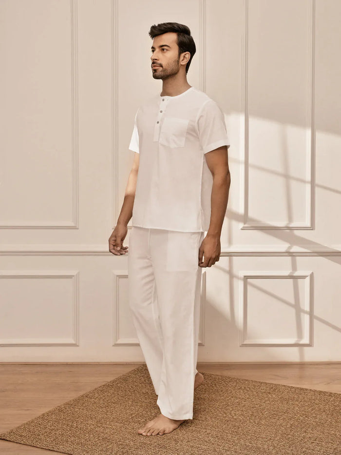 Men's White Om Embroidered Premium Yoga Kurta Palazzo Set
