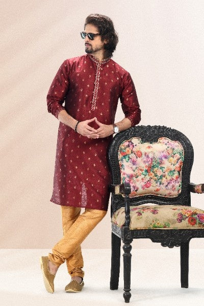Men's Wine Jacquard Banarasi Silk Pintux Work Kurta Pajama Set