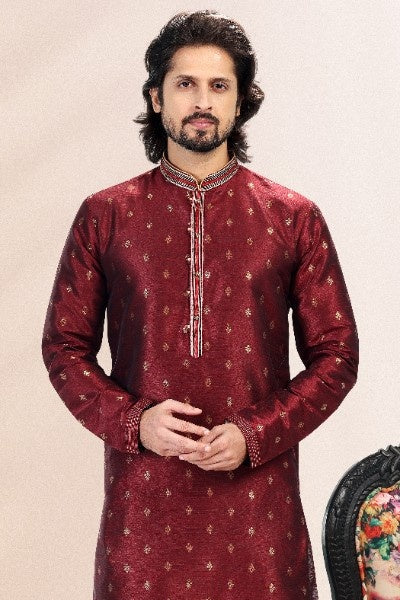 Men's Wine Jacquard Banarasi Silk Pintux Work Kurta Pajama Set