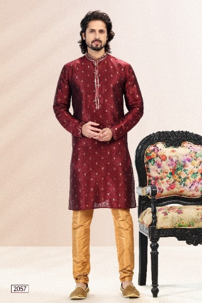Men's Wine Jacquard Banarasi Silk Pintux Work Kurta Pajama Set