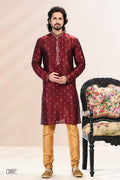 Men's Wine Jacquard Banarasi Silk Pintux Work Kurta Pajama Set