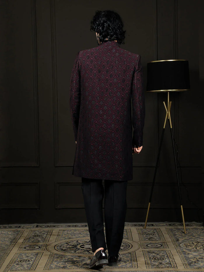 Men's Wine Silk Blend Sherwani Set