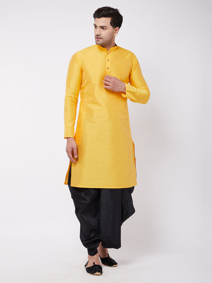 Men's Yellow And Black Silk Blend Kurta And Dhoti Set