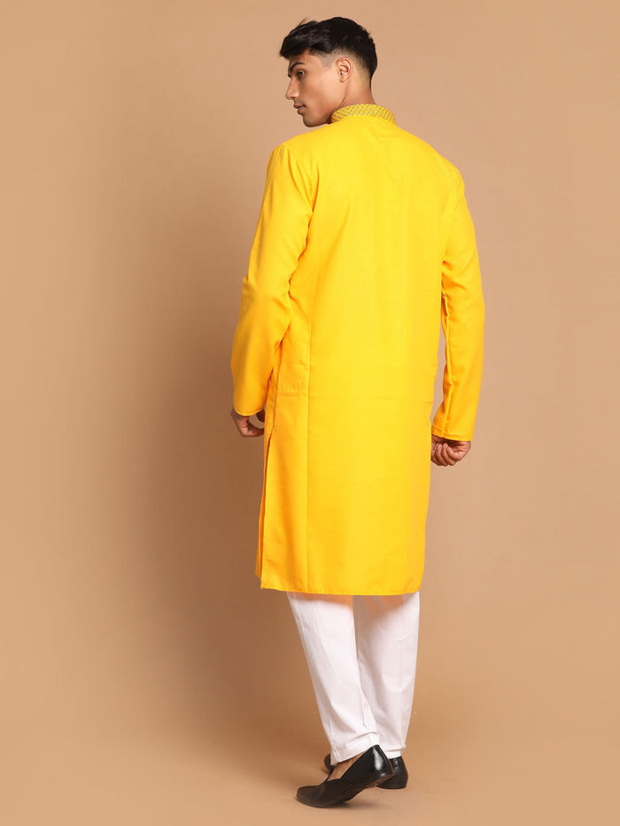 Men's Yellow And White Solid Kurta With Pant Style Cotton Pyjama Set